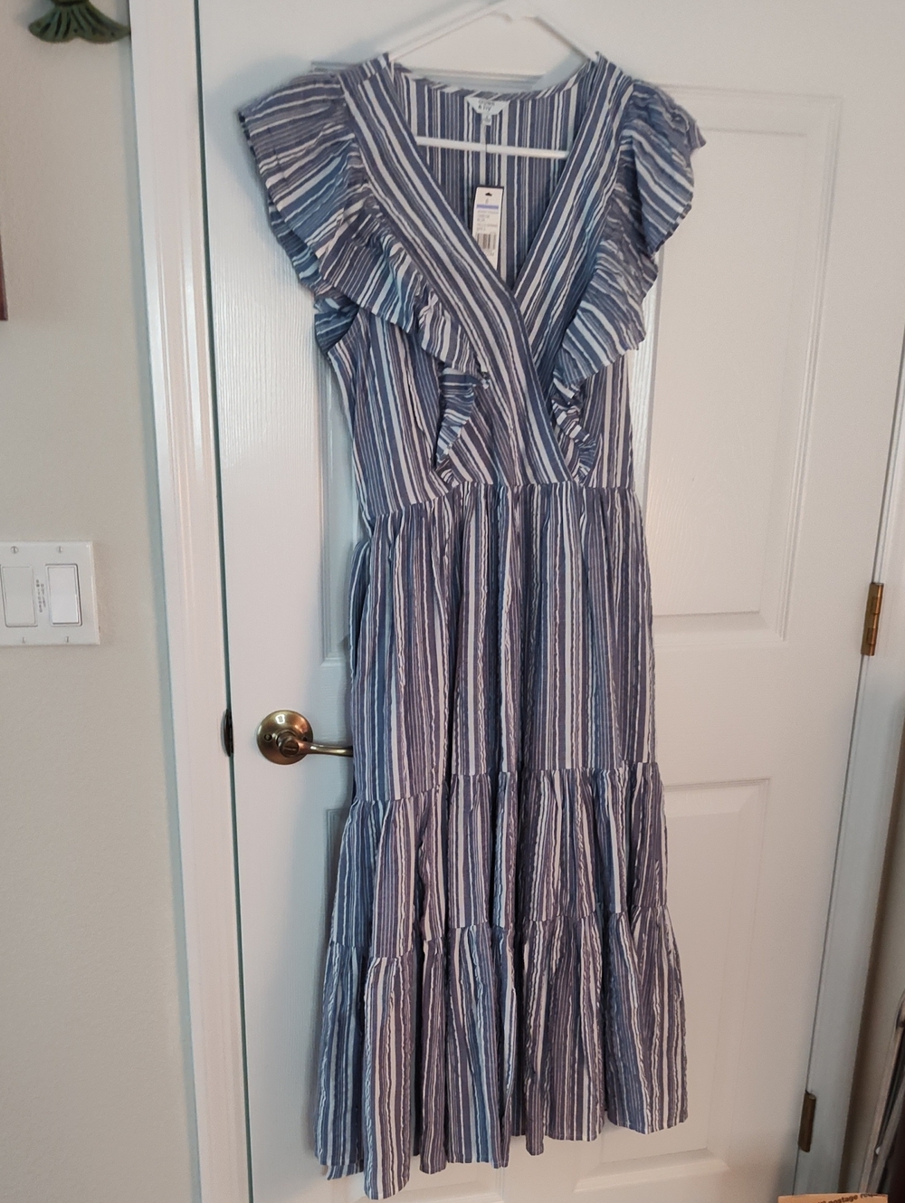 crown & ivy Blue and White Striped Ruffle Wrap Maxi Dress
